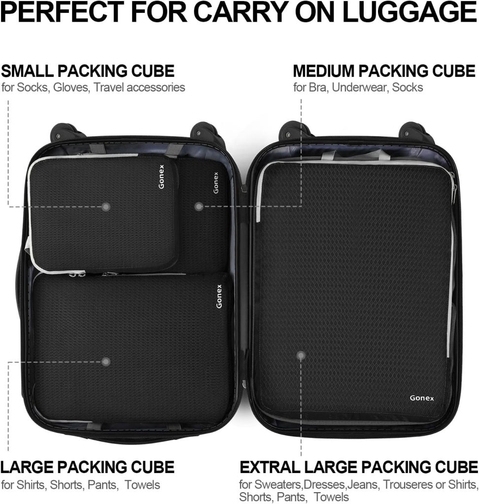 Compression Packing Cubes, 4pcs Expandable Storage Travel Luggage Bags Organizers(Black)