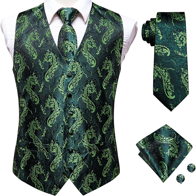 Hi-Tie Men's 4pc Waistcoat Vest Necktie Pocket Square Cufflinks Set For Suit or Tuxedo More Color for Choose